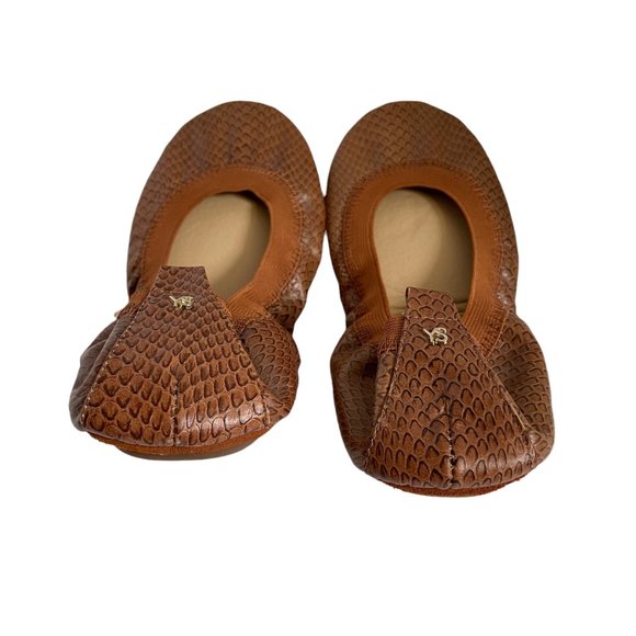 Yosi Samra Ballet Flats Tan Leather Snakeskin Print Women's Size 7 Foldable - Picture 2 of 7